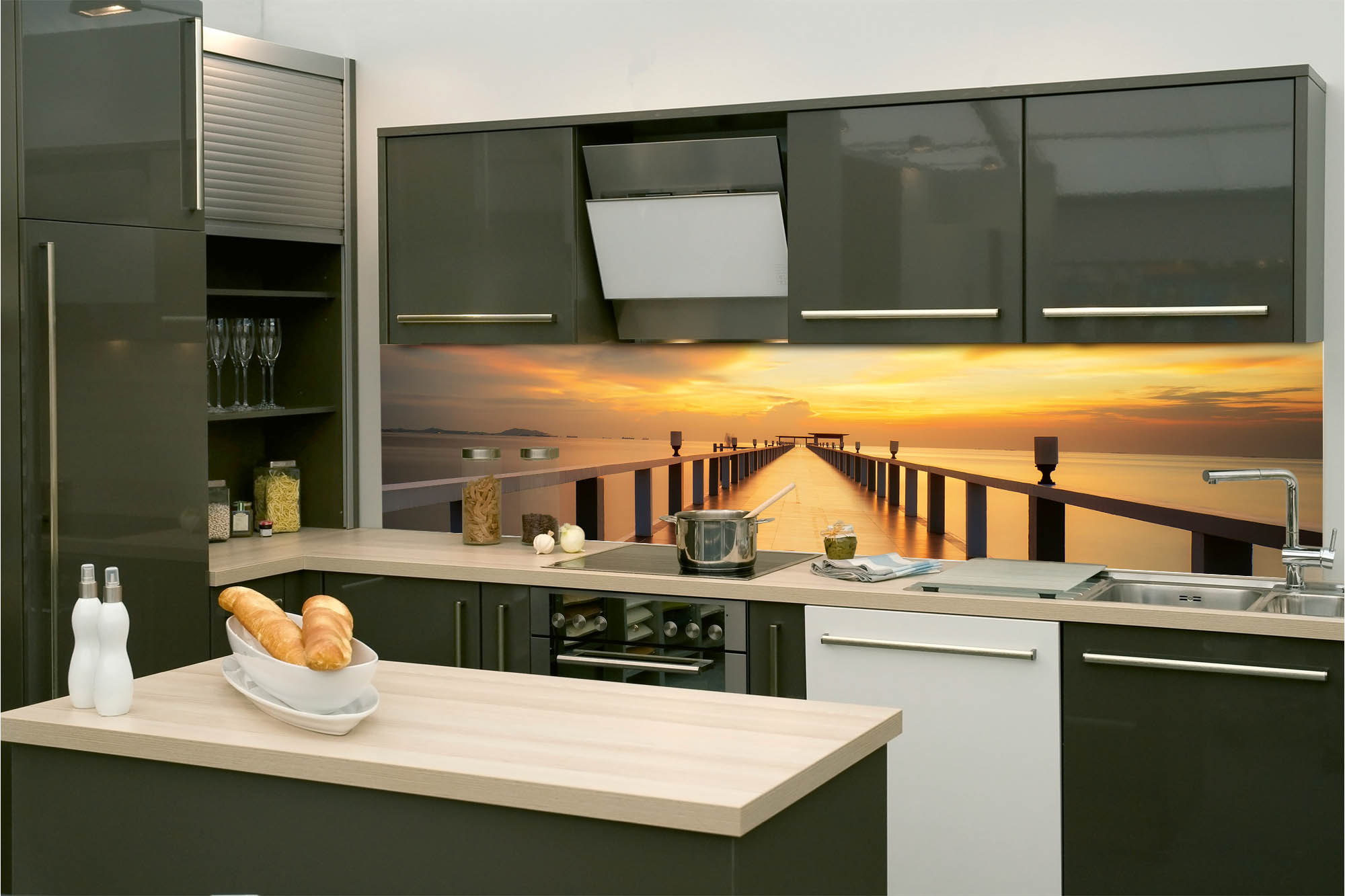 Küchenrückwand Folie - Holzbrücke bei Sonnenaufgang 260 x 60 cm