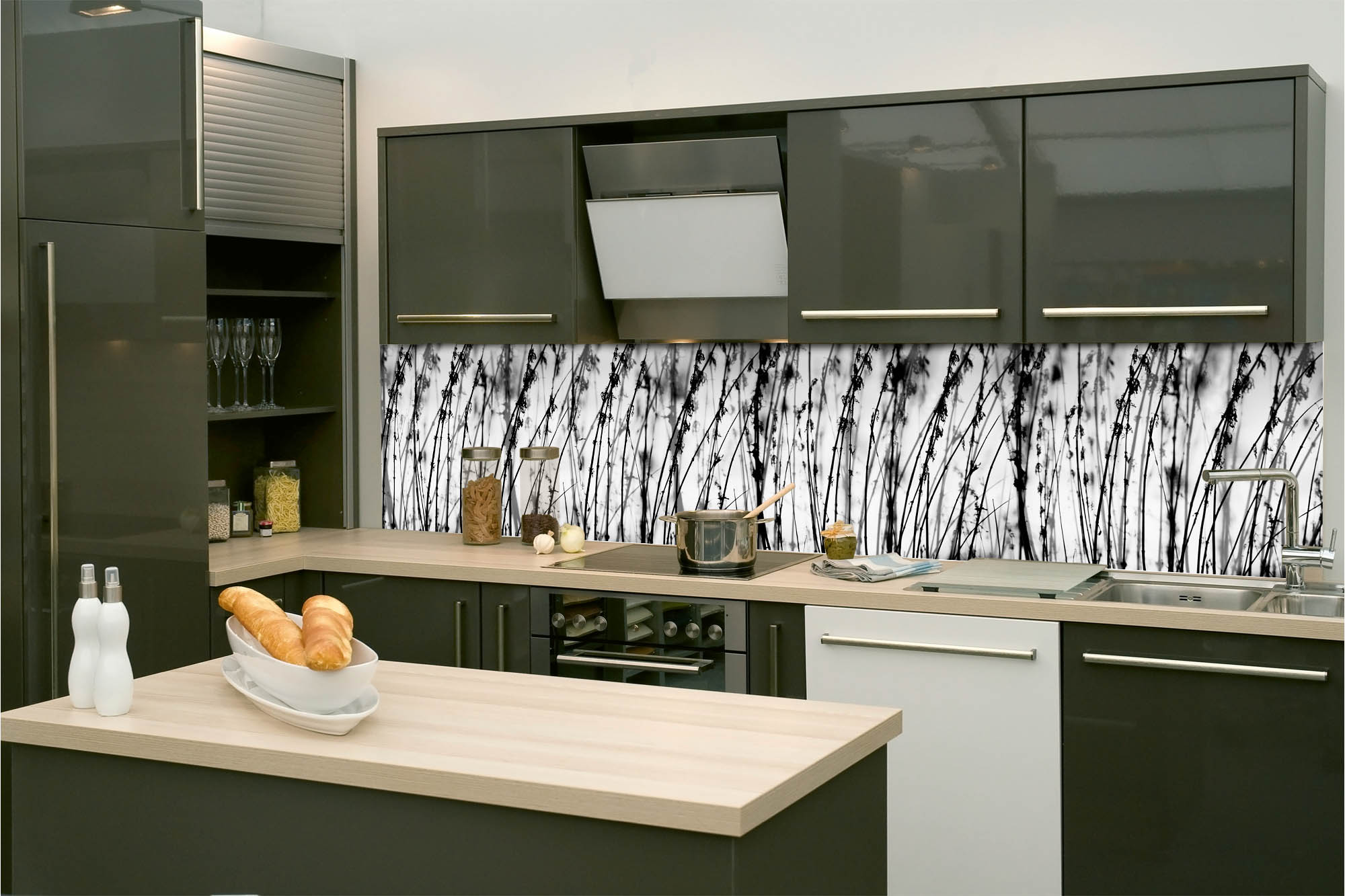 Küchenrückwand Folie - Schwarzes und weißes Gras 260 x 60 cm
