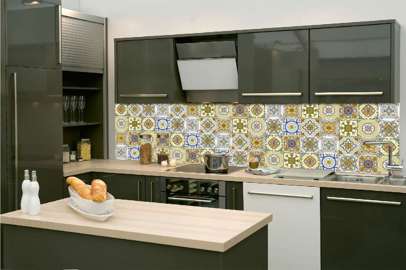 Küchenrückwand Folie - Ornamentale Fliesen Gelb 260 x 60 cm