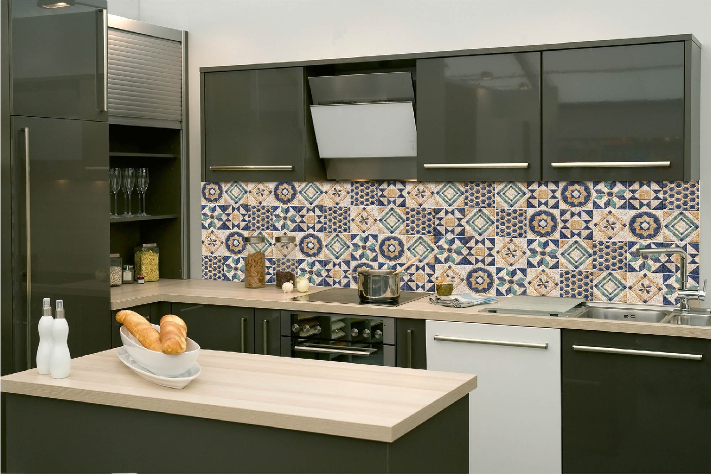 Küchenrückwand Folie - Abstrakte Fliesen Blau 260 x 60 cm