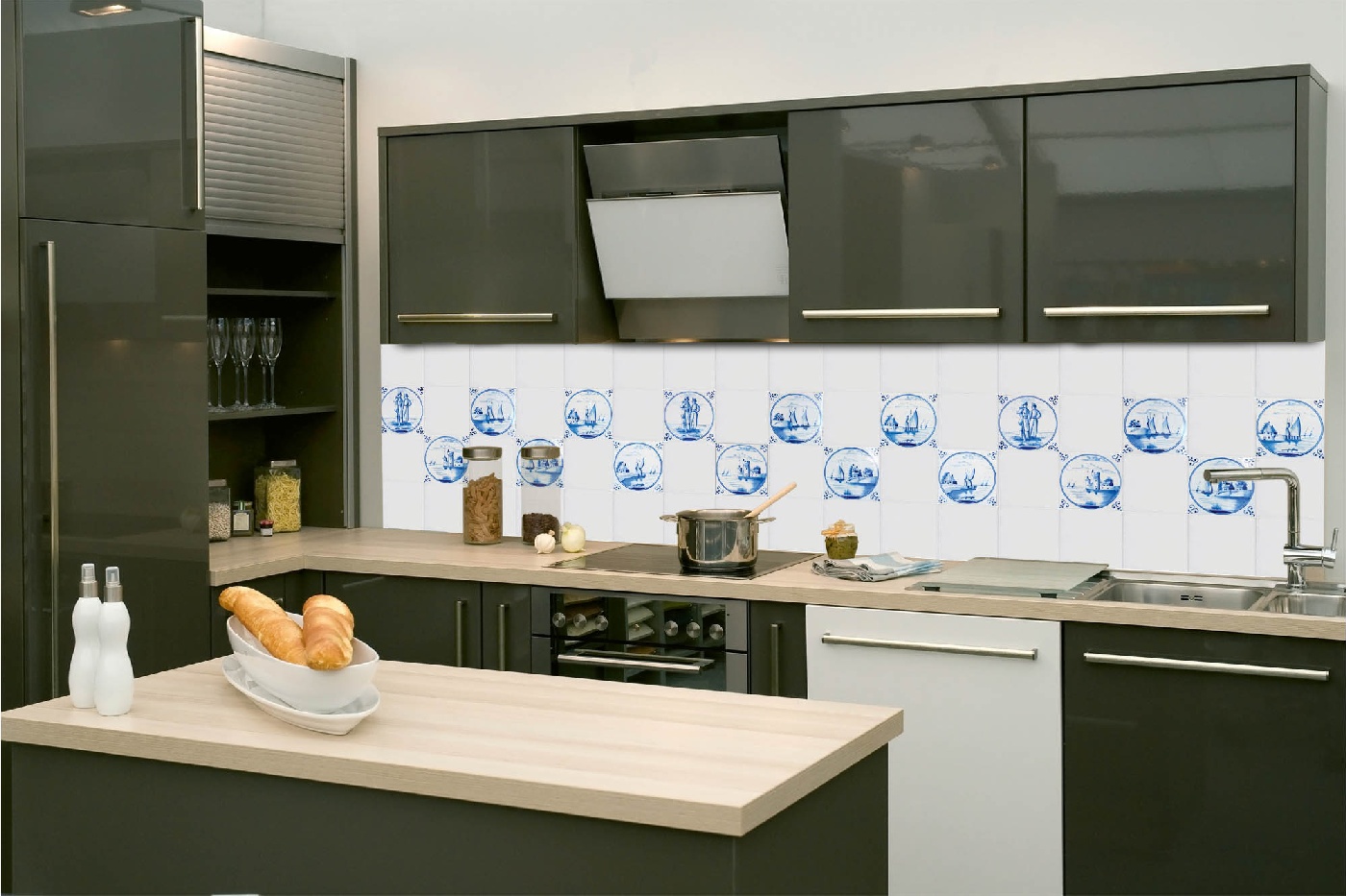 Küchenrückwand Folie - Blaue Fliesen 260 x 60 cm