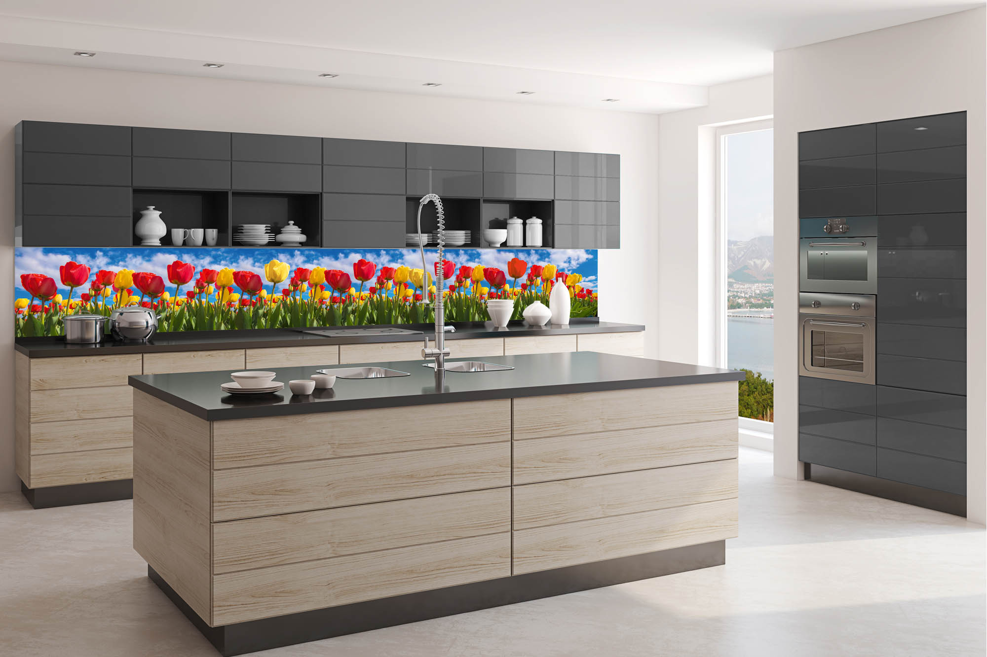 Küchenrückwand Folie - Tulpenfeld im Frühling 350 x 60 cm