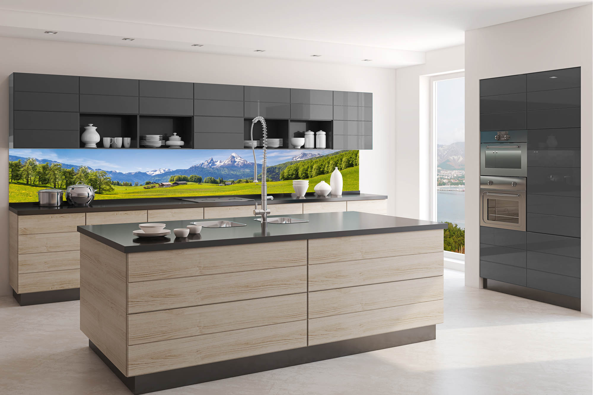 Küchenrückwand Folie - Idyllischer Alpenblick 350 x 60 cm