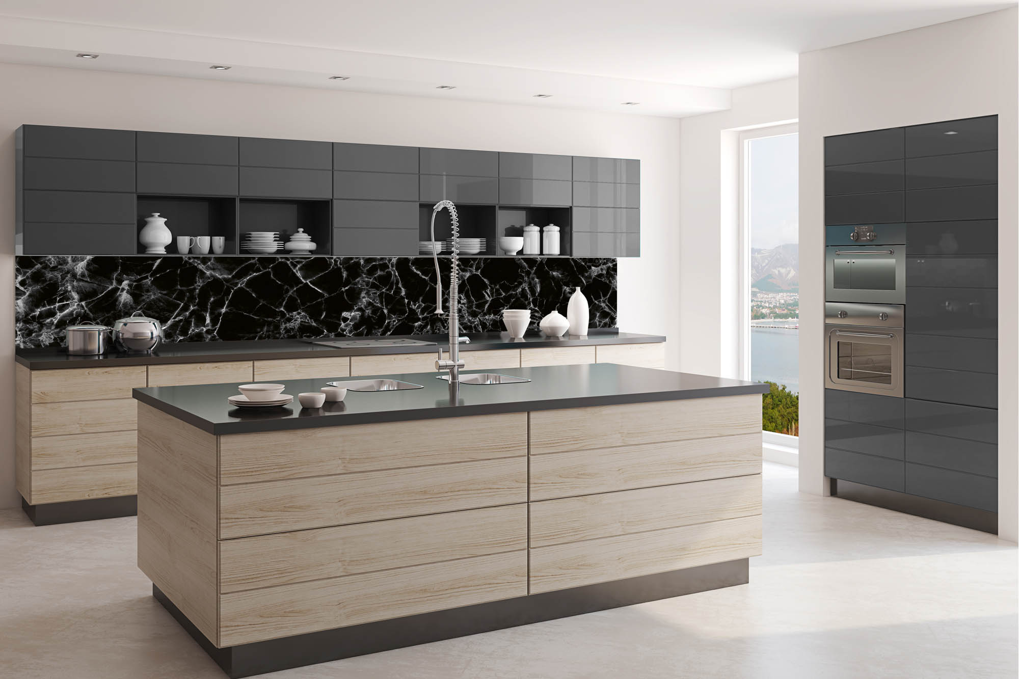 Küchenrückwand Folie - Dekoratives Design aus schwarzem Marmor 350 x 60 cm