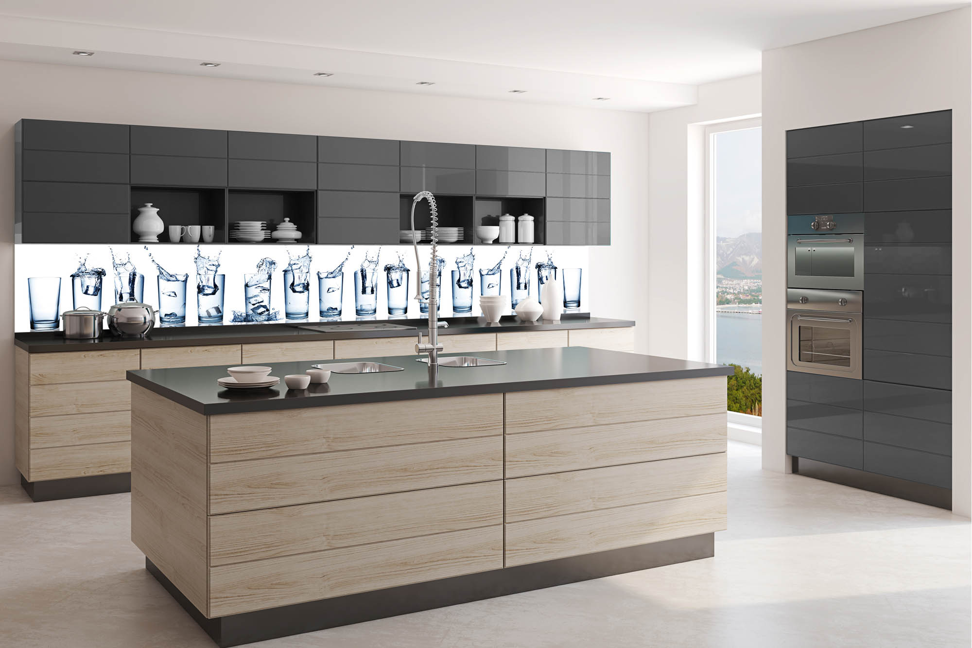 Küchenrückwand Folie - Wasserspritzer in Gläsern 350 x 60 cm