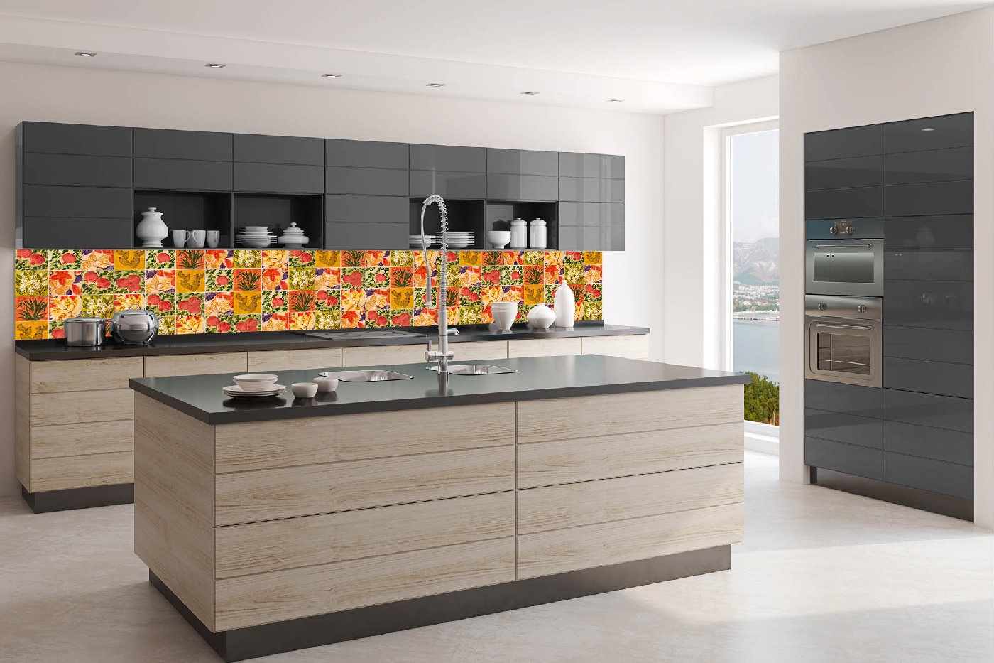 Küchenrückwand Folie - Bemalte Fliesen 350 x 60 cm