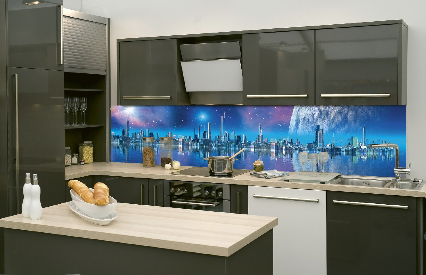 Küchenrückwand Folie - Futuristische Stadt 260 x 60 cm