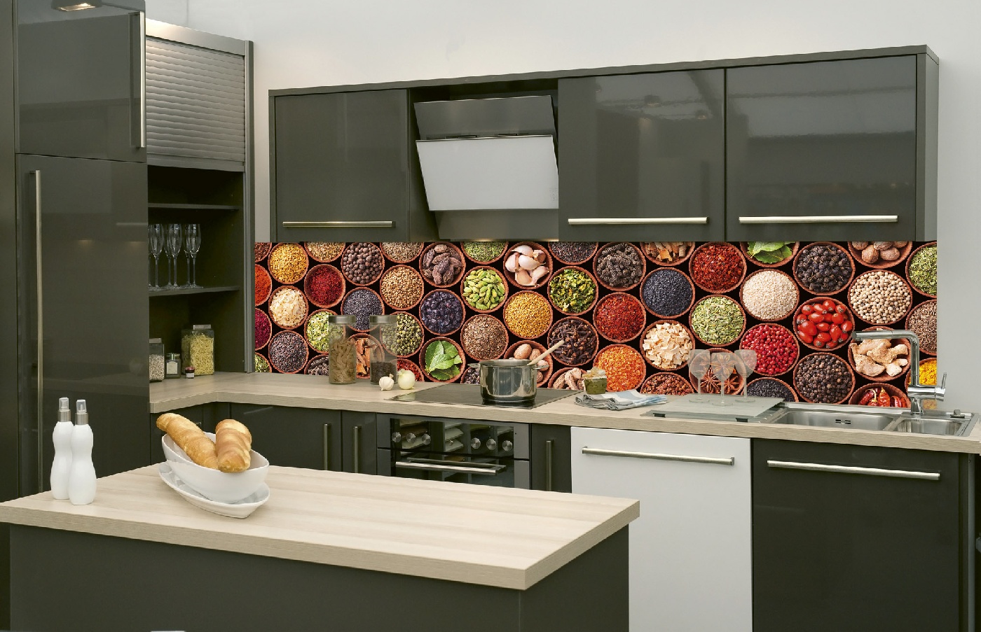 Küchenrückwand Folie - Gewürzschüsseln 260 x 60 cm