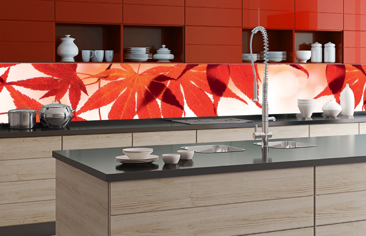 Küchenrückwand Folie - Rote Blätter 350 x 60 cm