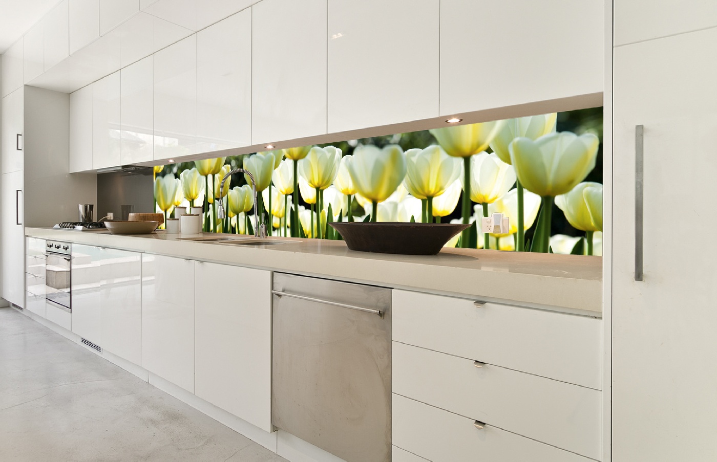 Küchenrückwand Folie - Weiße Tulpen 350 x 60 cm