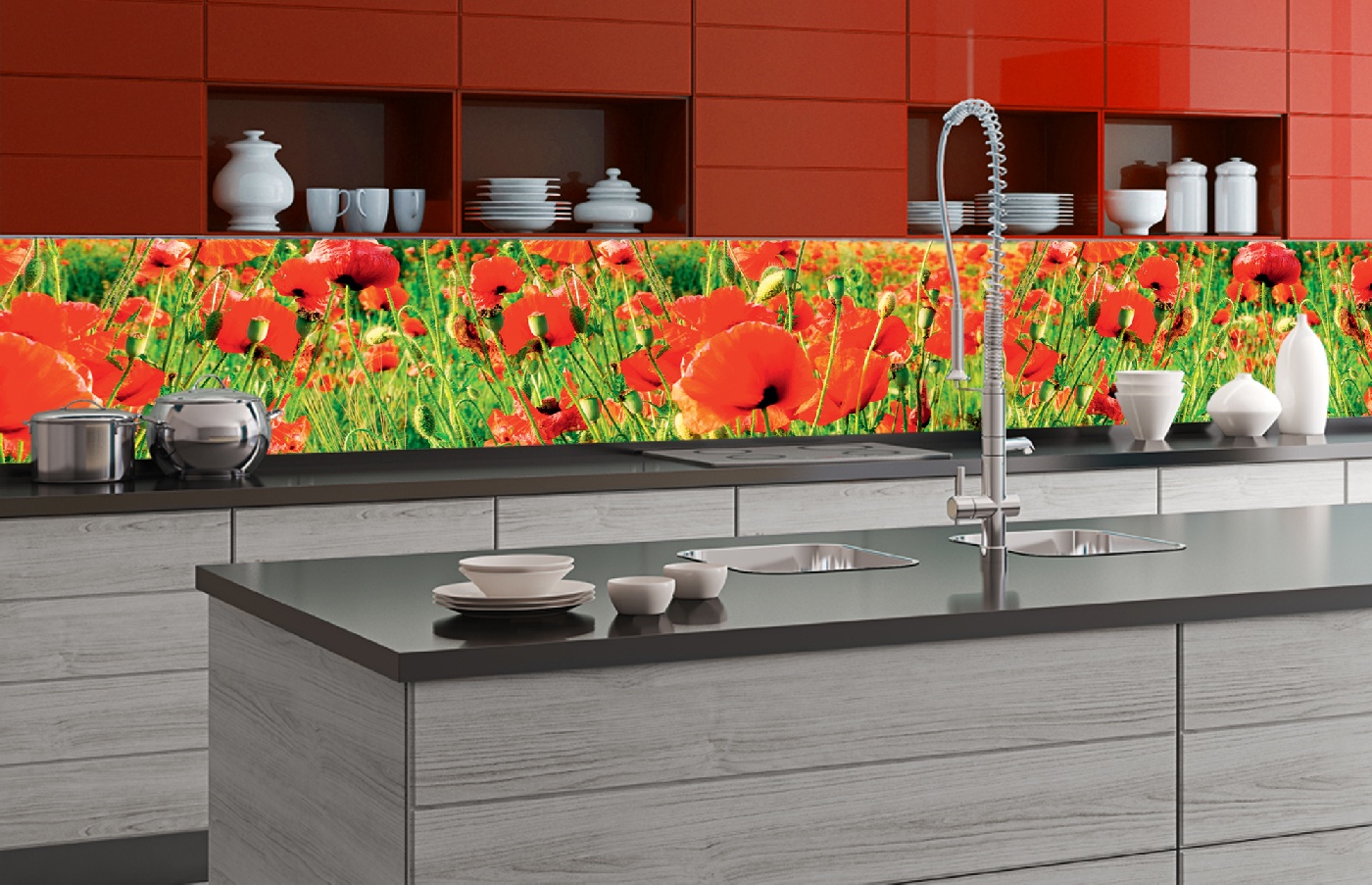 Küchenrückwand Folie - Rote Mohnblumen 350 x 60 cm