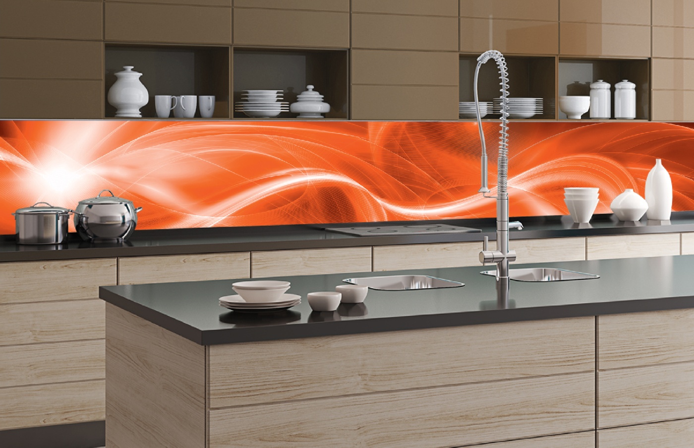 Küchenrückwand Folie - Abstrakte Malerei in Orange 350 x 60 cm