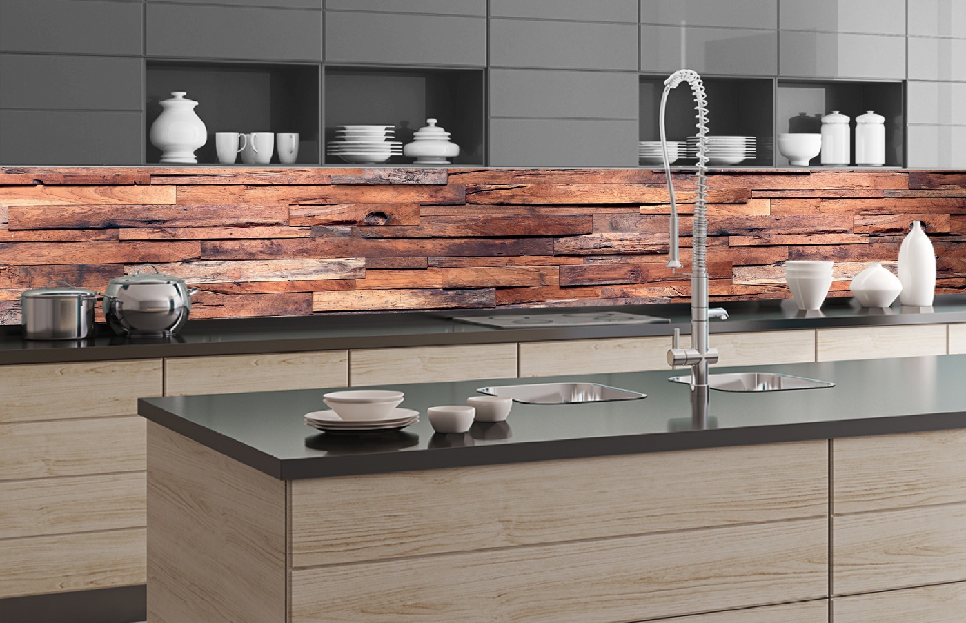 Küchenrückwand Folie - Holzwand 350 x 60 cm