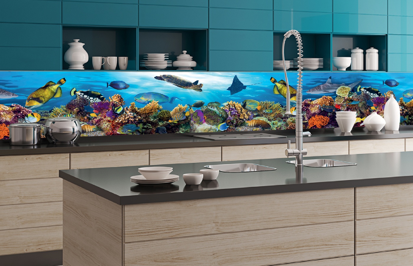 Küchenrückwand Folie - Fische im Ozean 350 x 60 cm