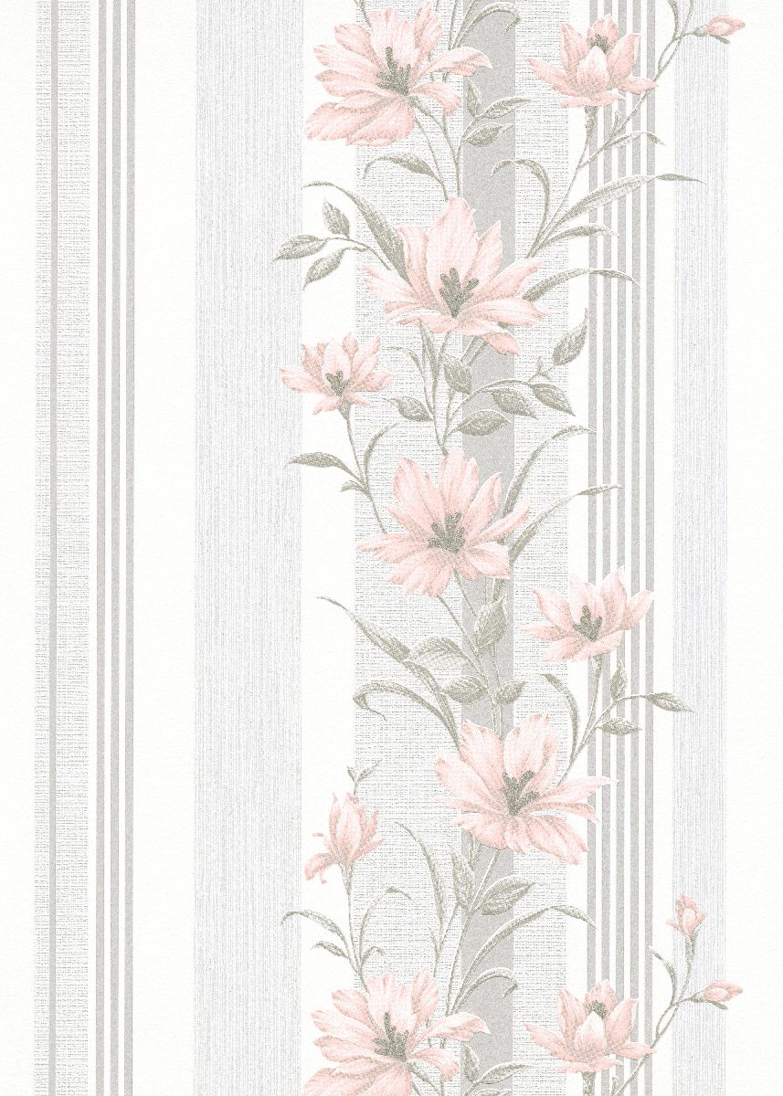 Vliestapete WPE-901520 - Blumen und Blätter,Streifen und Linien - Weiss,Grau,Rosa