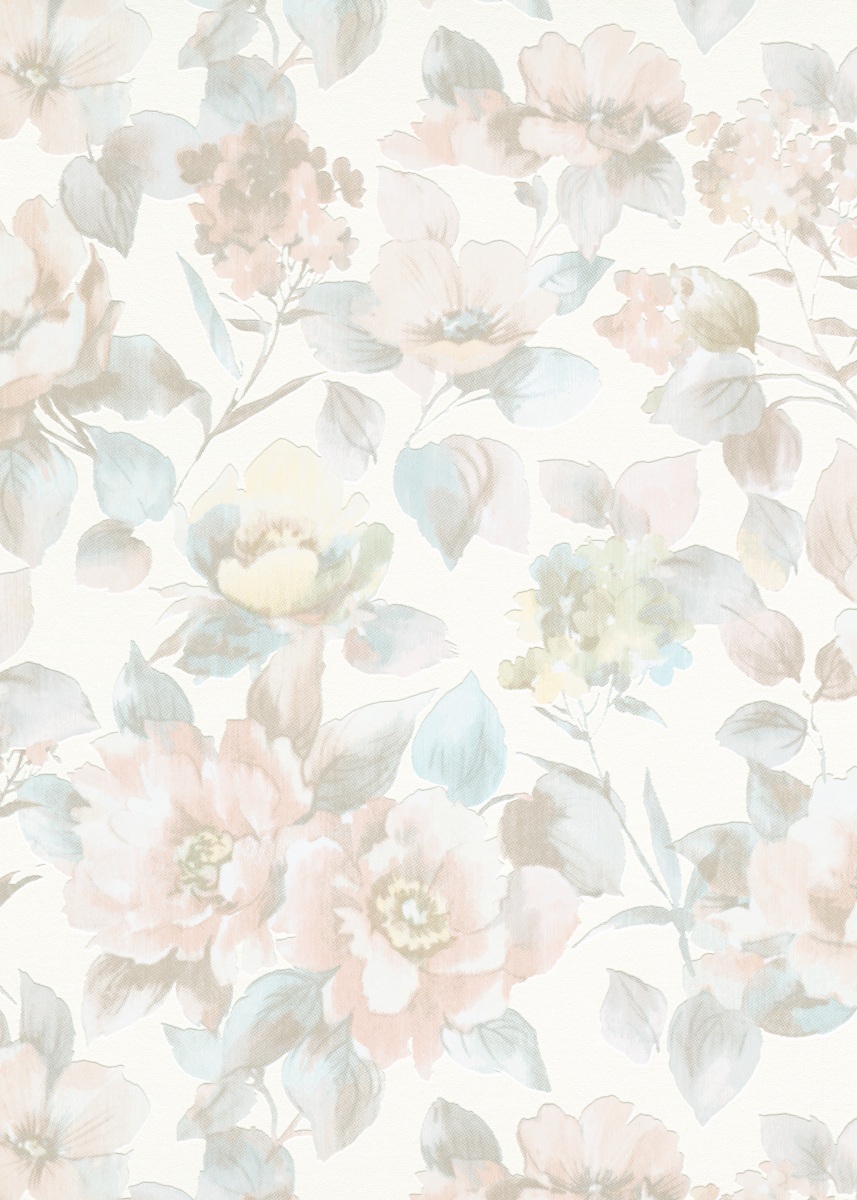 Vliestapete WPE-901594 - Blumen und Blätter - Blau,Weiss,Creme,Rosa